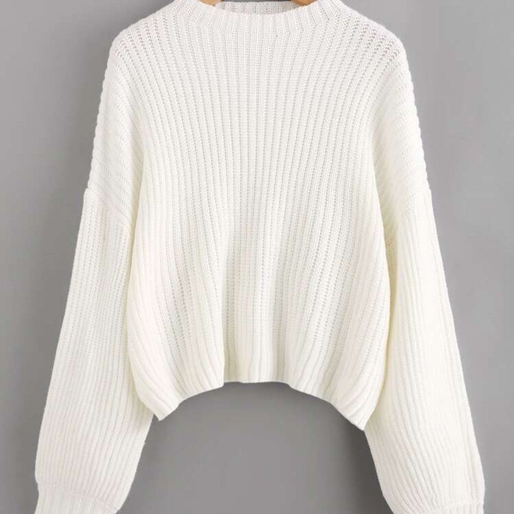 Drop Shoulder Balloon Sleeve White Knit Sweater